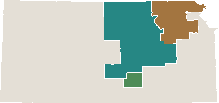 Map of Kansas highlighting DCF catchment Areas 2, 3 and 7